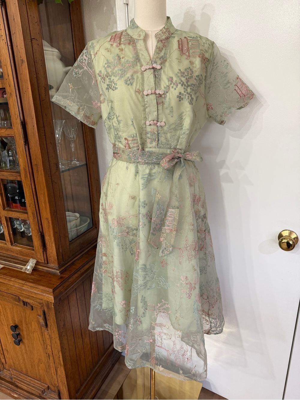 Embroidered Tie-Waist Midi Dress in Sage Green - Picture 2 of 16